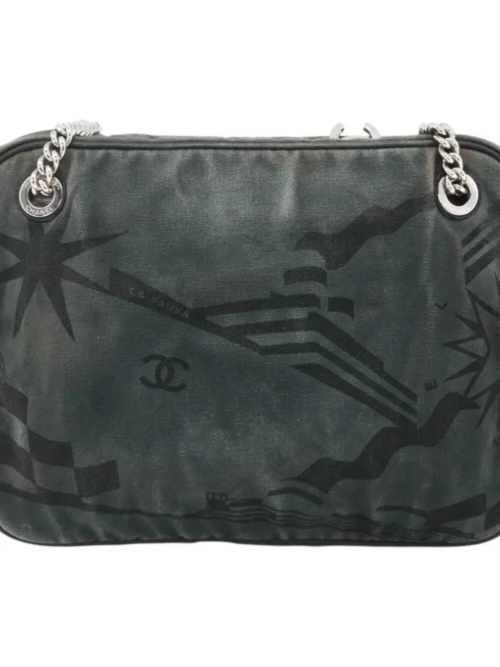 CHANEL Chain Shoulder Bag Canvas Black Silver CC Auth bs33649